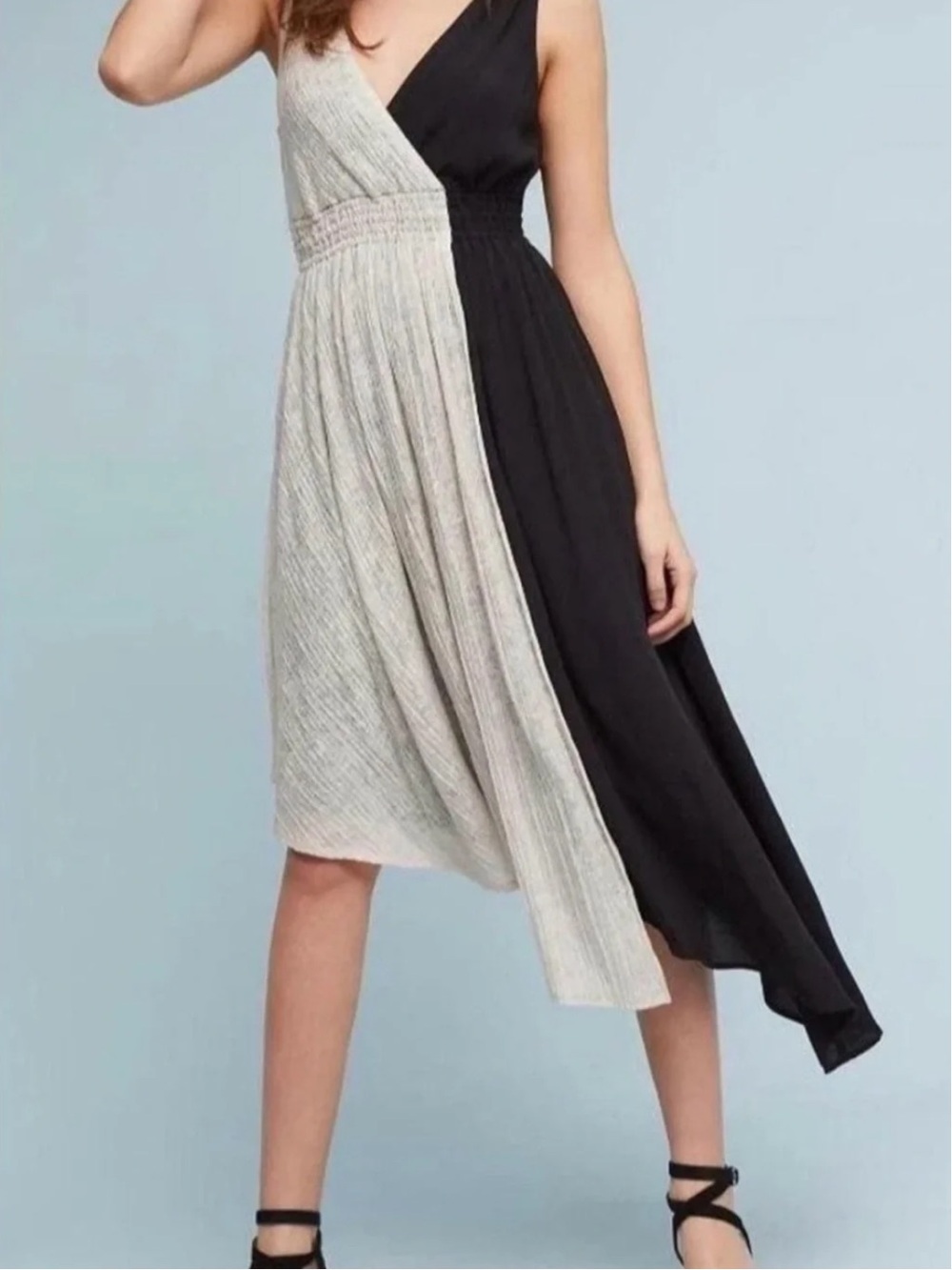 Maeve Two-Tone Asymmetrical V-Neck Midi Dress - Black and Cream